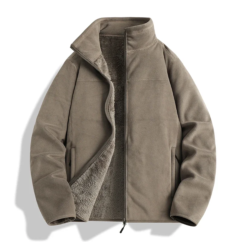Herbstliche, leichte, beidseitig gefütterte Fleecejacke, Unisex, mit Stehkragen, dick, warm, mit flauschigem Innenfutter, Herren- und Damenmodell, thermische Oberbekleidung. – Detail 4