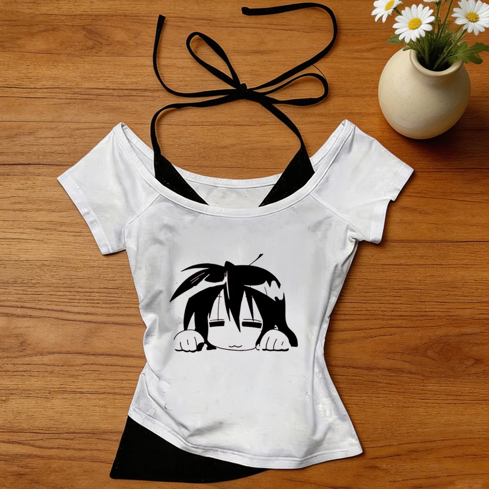Lucky Star Otaku crop top female baddie summer harajuku grunge dollette shirt cute emo grunge summer streetwear