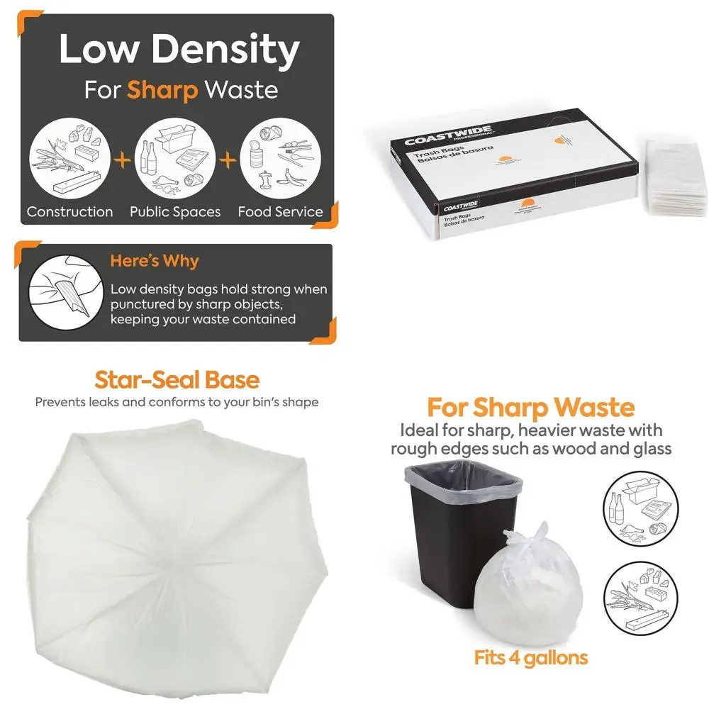 

4 Gallon Capacity Trash Bags, 17 x 17, Low Density, 0.35 mil Thickness, Clear, Pack of 1000