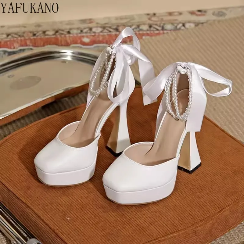 Waterproof Platform Mid Hollow White Wedding Shoes 13cm Party Dress Ladies Pumps Pearl Chain Square Toe Thick Heel High Heels