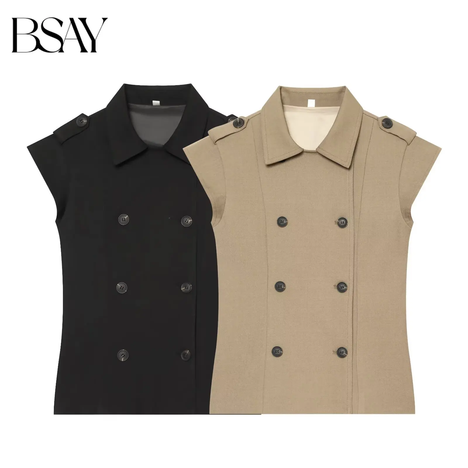 BSAY French Elegant Lapel Double Breasted Short Sleeve Vest  Slim Waist Shoulder Epaulet Design Office Layering Cropped Blazer