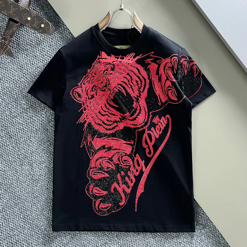 AlexPlein Rhinestones Diamonds Men\'s Clothing Fashion 100% Cotton Street Couture Couple Wear Leisure Trendy 2023 Summer Tshirt