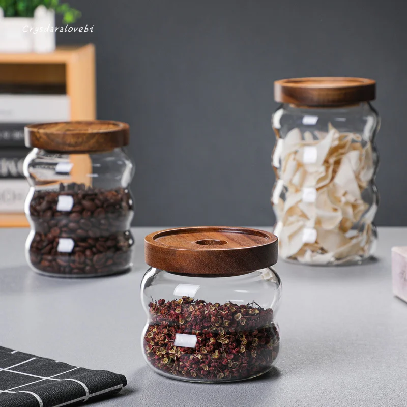 Wholesale Wood Cover Ripple Thick Glass Storage Jar Tea Cans Grains Storage Jar Coffee Beans Storage Bottles Sealed Jar