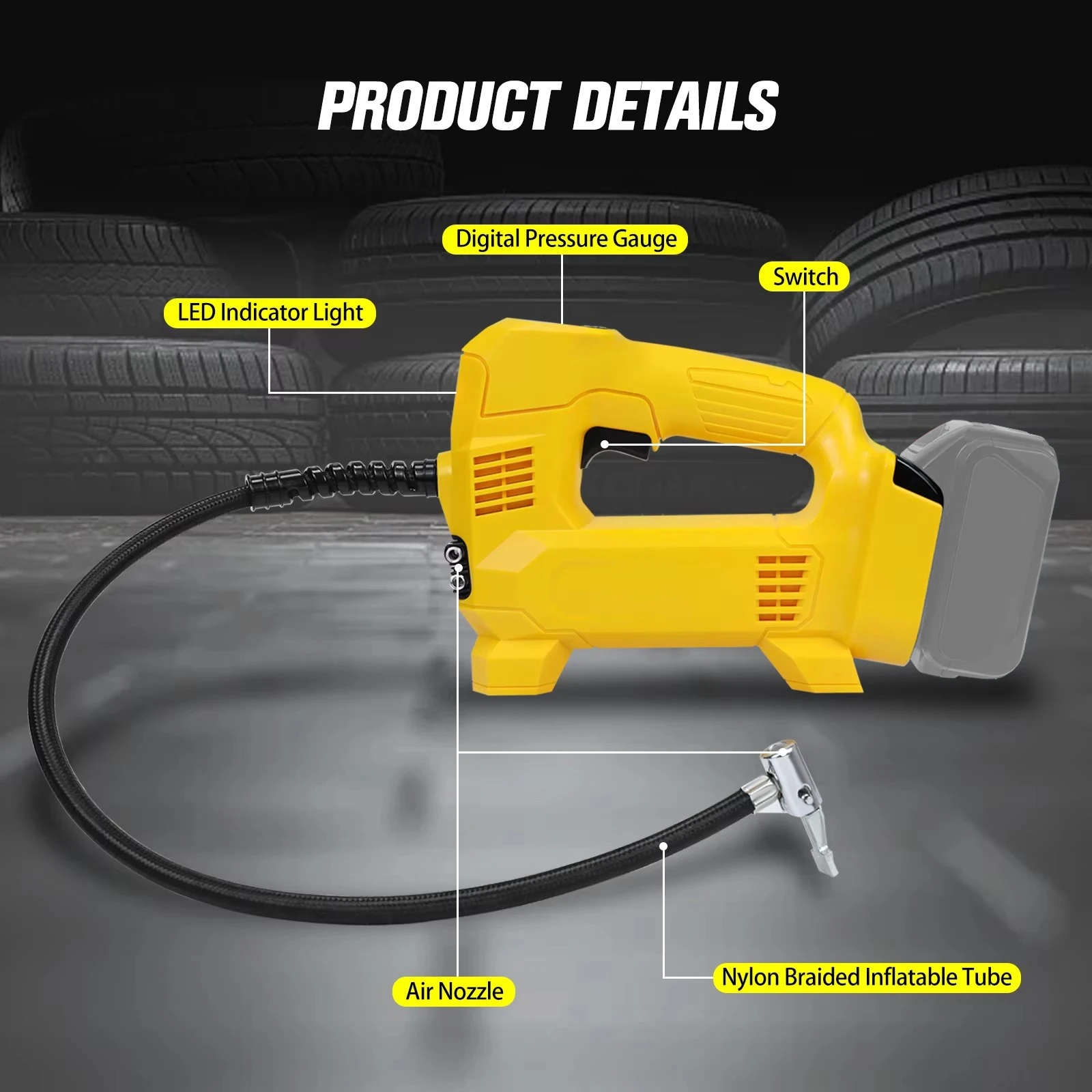 

Electric Portable Air Pump Handheld Cordless Digital Display Air Compressor Car Bicycle Tire Inflator For Dewalt 20V Battery Pin