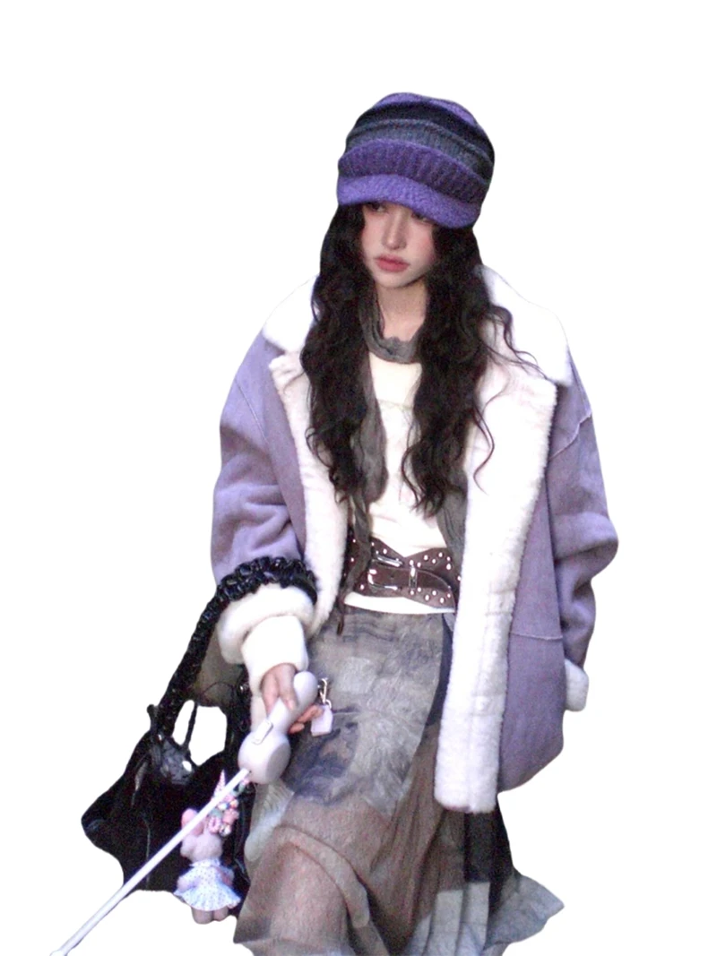 Korean-style eco-friendly rabbit fur women's winter fashion purple suede fleece fur one-piece lapel jacket fur coat