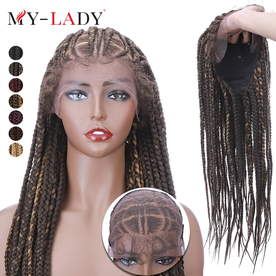 My-Lady Synthetic 27inches Box Braids Black With Baby Hair For African Woman Long Straight Braiding Lace Front Frontal Wig