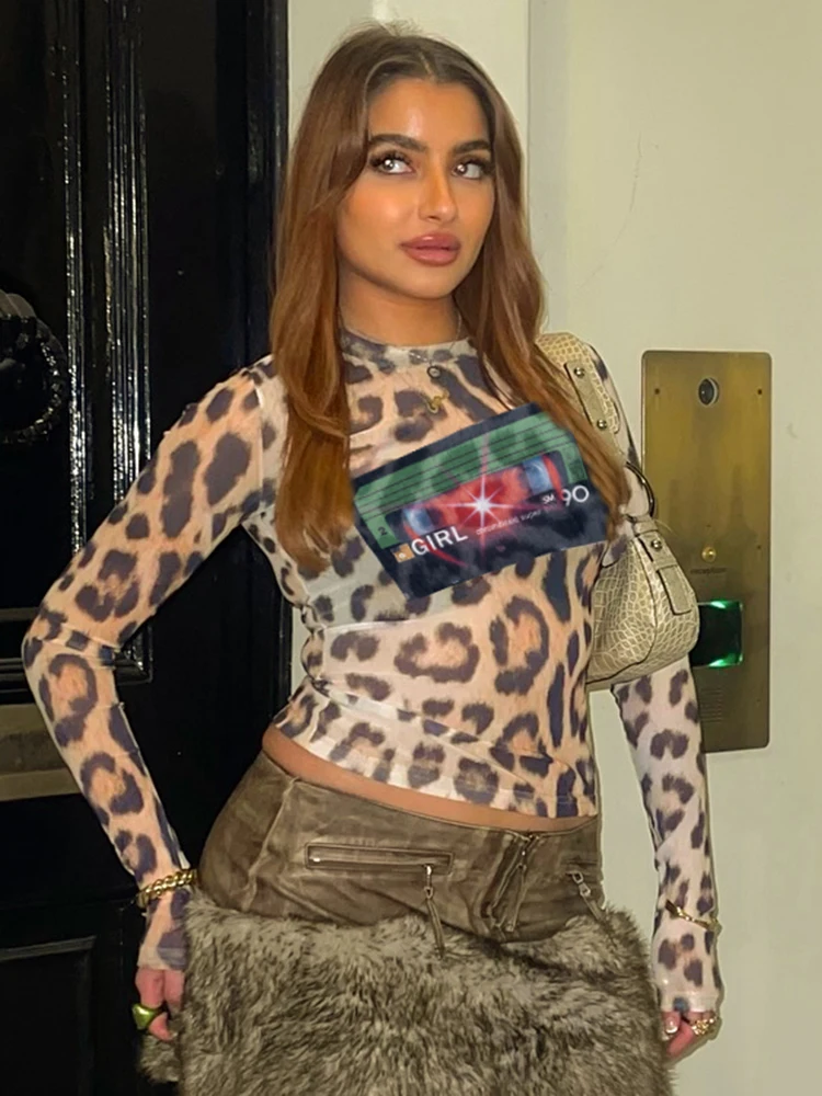 Whatiwear Mode Imprimer T-Shirts Femmes Sexy Léopard o-cou À Manches Complètes Skinny Stretch Hottie Sauvage Rue Tendance Classique Tenues