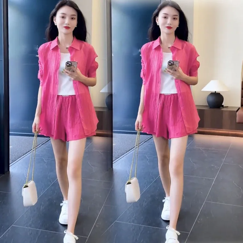 Xiaoxiangfeng 24 Summer New Loose High End Fashion Shirt Shorts with Hanging Straps Small Three Piece Set