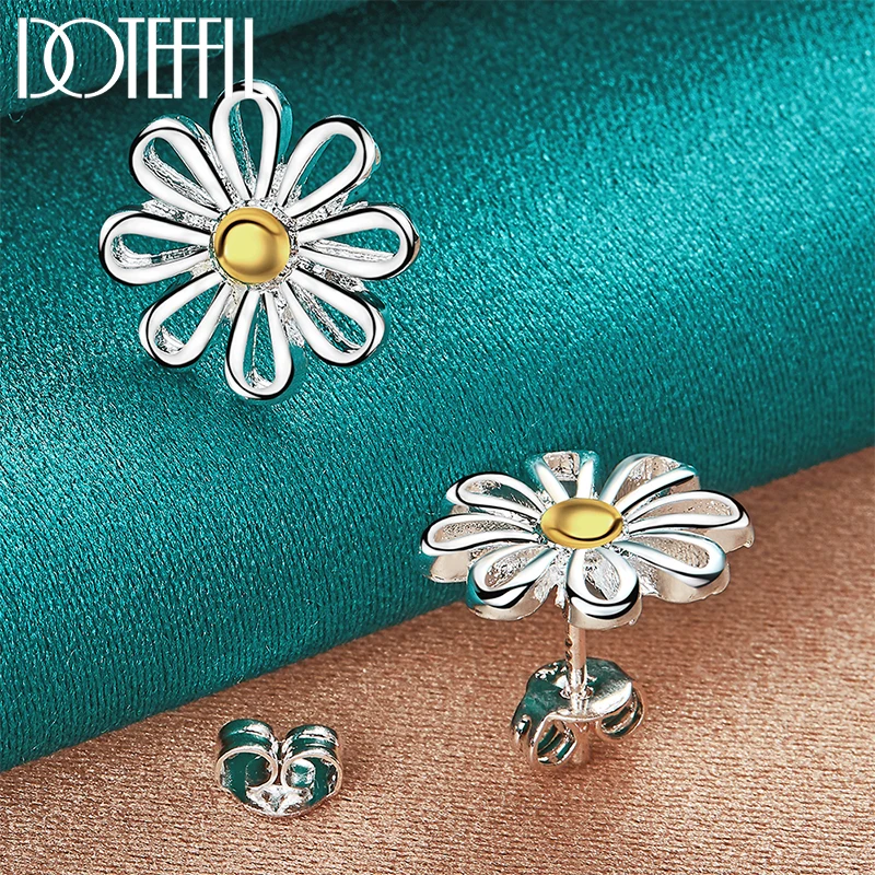 DOTEFFIL 925 Sterling Silver Golden flower Stud Earrings For Women Lady Gift Fashion Charm High Quality Wedding Jewelry