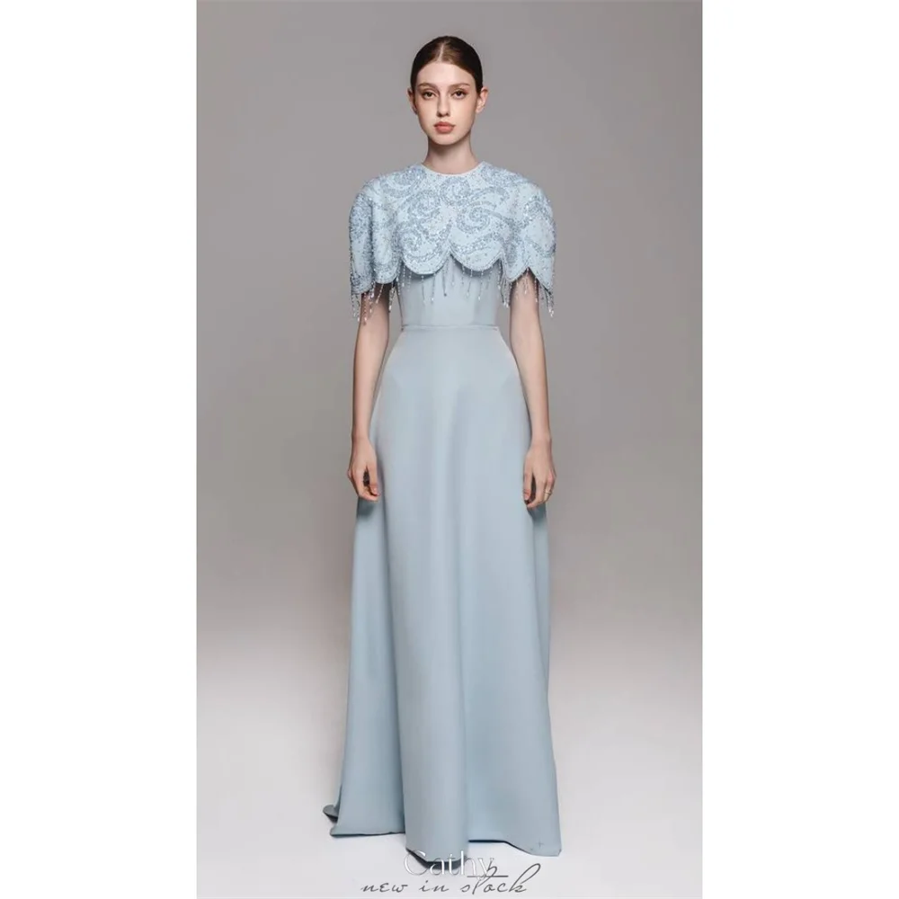 

Cathy Customized Light Blue O Neck Prom Dress Exquisite Cape A-line Zip Back vestidos de noiva Floor-length Evening Dresses 2025