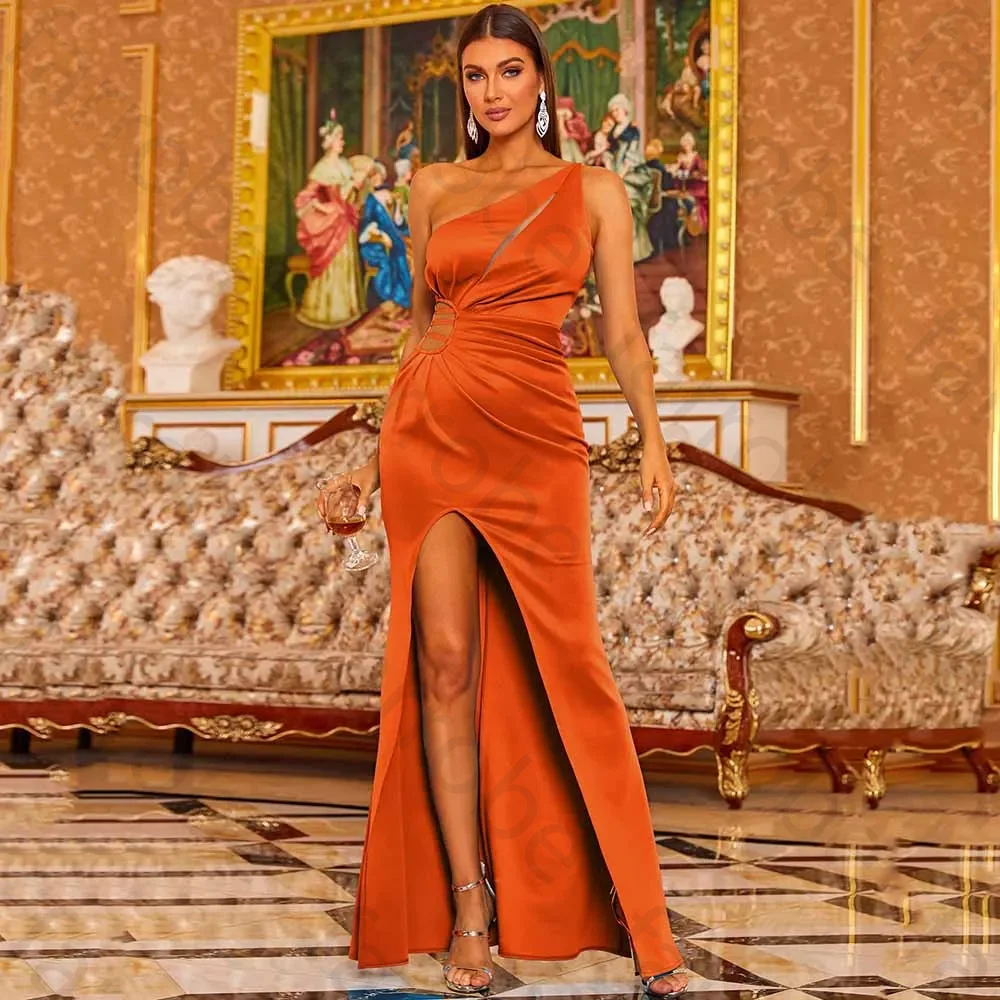 Customized Hot Orange Prom Dresses One Shoulder Mermaid Woman Party Hollow High Slit Floor Length  Gowns Evening for Kids Girls