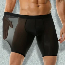 Sexy Men Summer Lightweight Ice Silk Underwear Middle Rise Shorts Panties Long Boxers Briefs Underpants Seamless Male Boxers