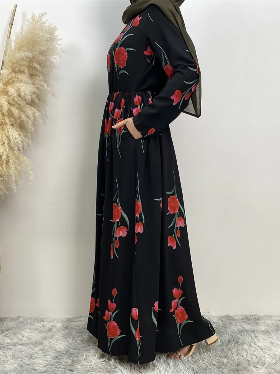 Vintage Long Sleeve Floral Printed Muslim Long Dress  Spring Dubai Turkey Abaya Hijab Dress Jilbab Islamic Clothing Robes