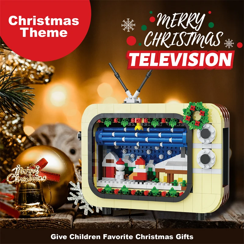 Christmas TV Building Blocks Wreath House Kids Toys Retro Style Television Bricks Assembly Model New Years Gifts Home Decorate