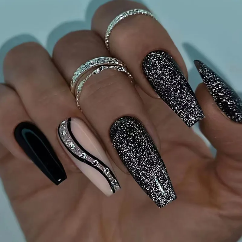 Uñas postizas cuadradas largas negras con purpurina Sexy, lentejuelas en polvo, degradado, arte de uñas postizas, acabado desmontable, presione en las uñas con pegamento