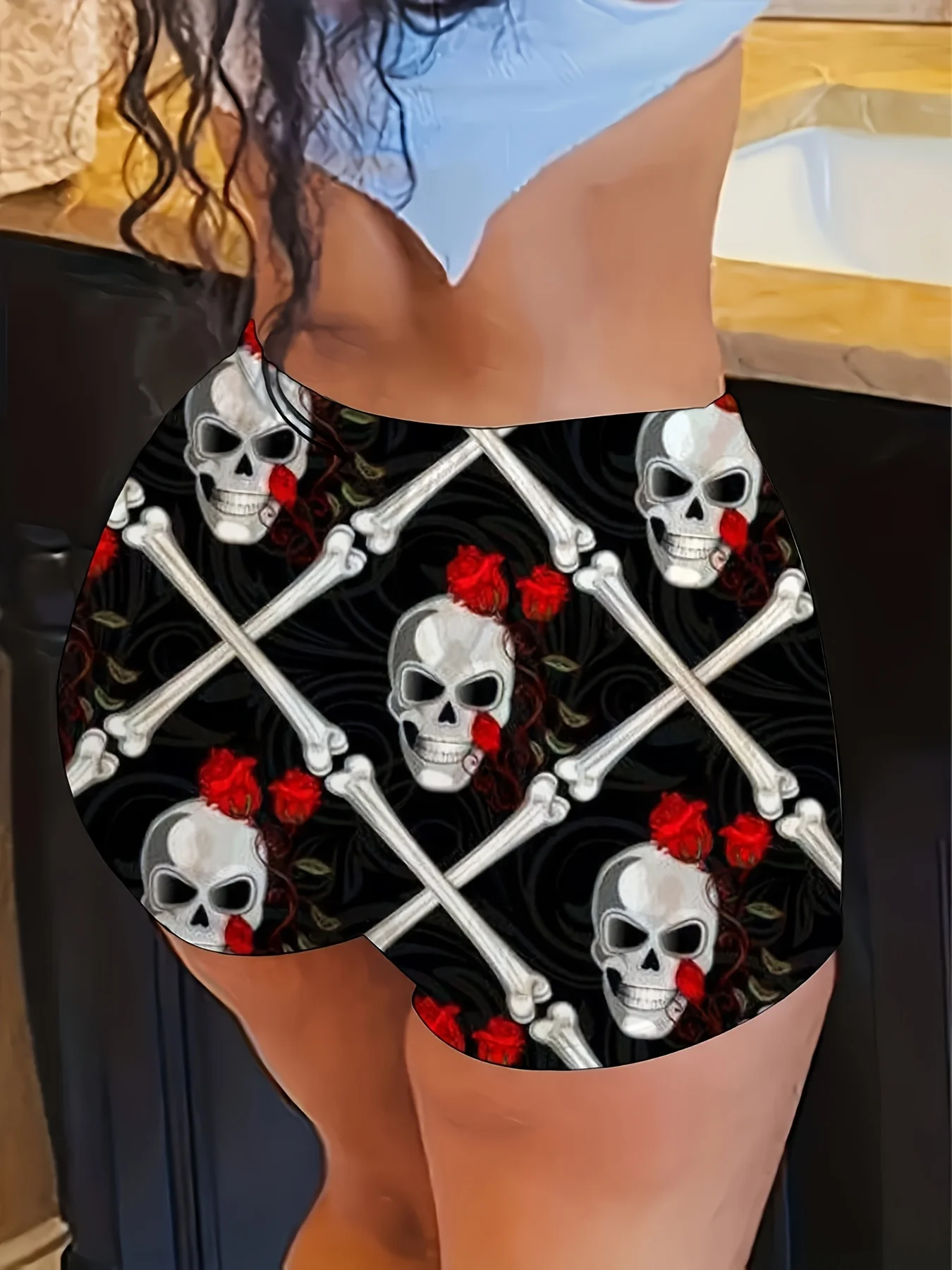 High-Waisted Skinny Shorts Stretchy Leggings-Like Fit with Skull Rose Print Gothic Punk Style Black with Red Accents