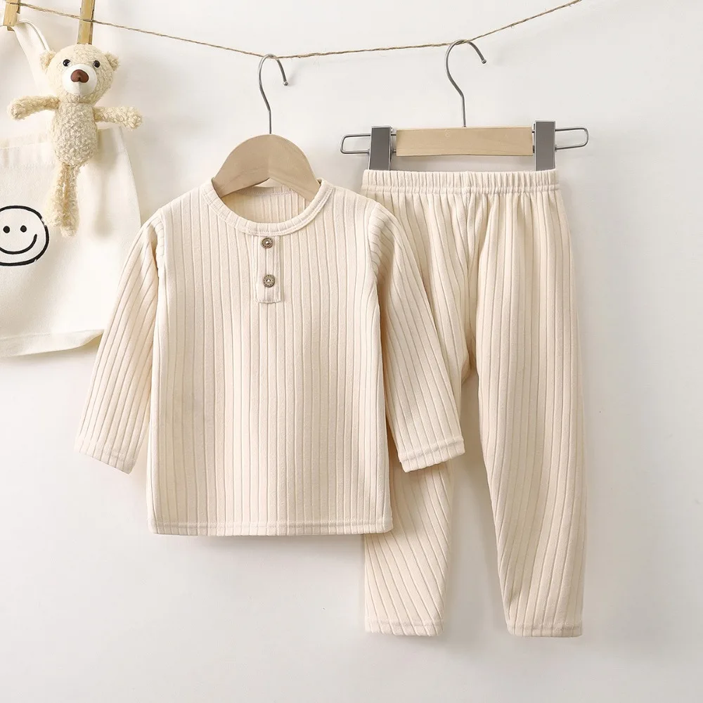 Kids Thermal Underwear Set Boys Autumn Long Johns Top Pants Baby Toddler Warm Fleece Homewear Loungewear Korean Style