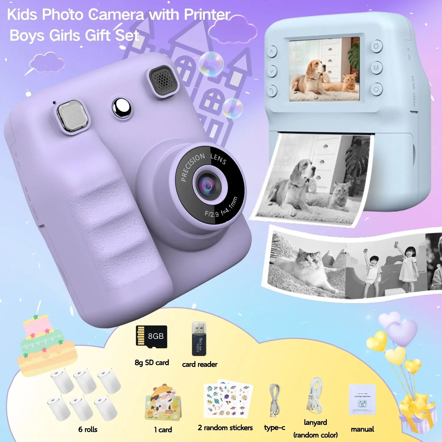 Mini appareil photo numérique violet pour enfants, jeux d'imprimante instantanée inclus, cadeau mignon pour garçons et filles de 4 à 12 ans, cadeau de noël