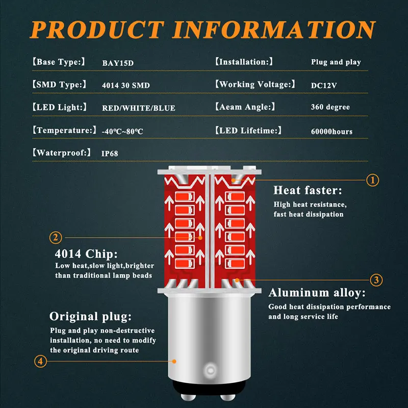 1x 1157 LED Strobe Brake Lights Motorcycle Car Turn Signal Tail Light 30SMD BAY15D DRL Water Flashing Reversing Parking Lamp Red