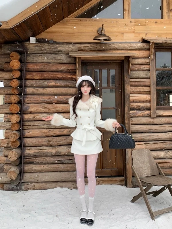 Elegant Woolen Coat And Short Skirt Set Rich Girl Two-Piece Suit  Knot High Waist Autumn Fashion French Style Women'...