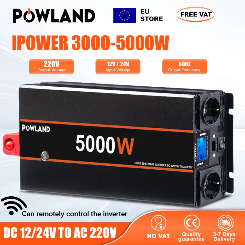 POWLAND 3000W 4000W 5000W 8000W Convertisseur de courant DC 12V/24V vers AC 220V pour voiture, prise EU, accessoires auto pour téléphones portables et ordinateurs portables, sans TVA