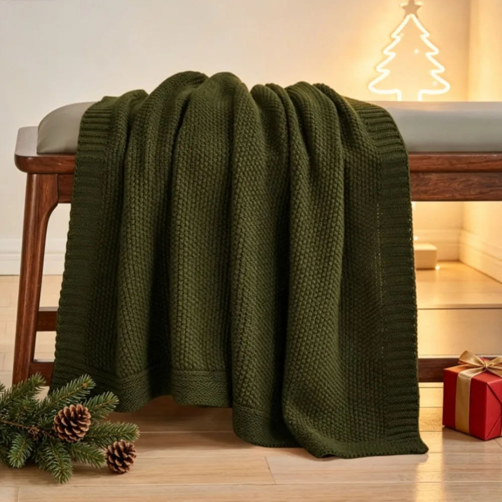 Leichte Kabelstrick-Decke, Weich und Atmungsaktiv, Ganzjahres-Couch-Decke, Dekorative Gemütliche Decke für Wohnungsdekoration, Weihnachtsgrün