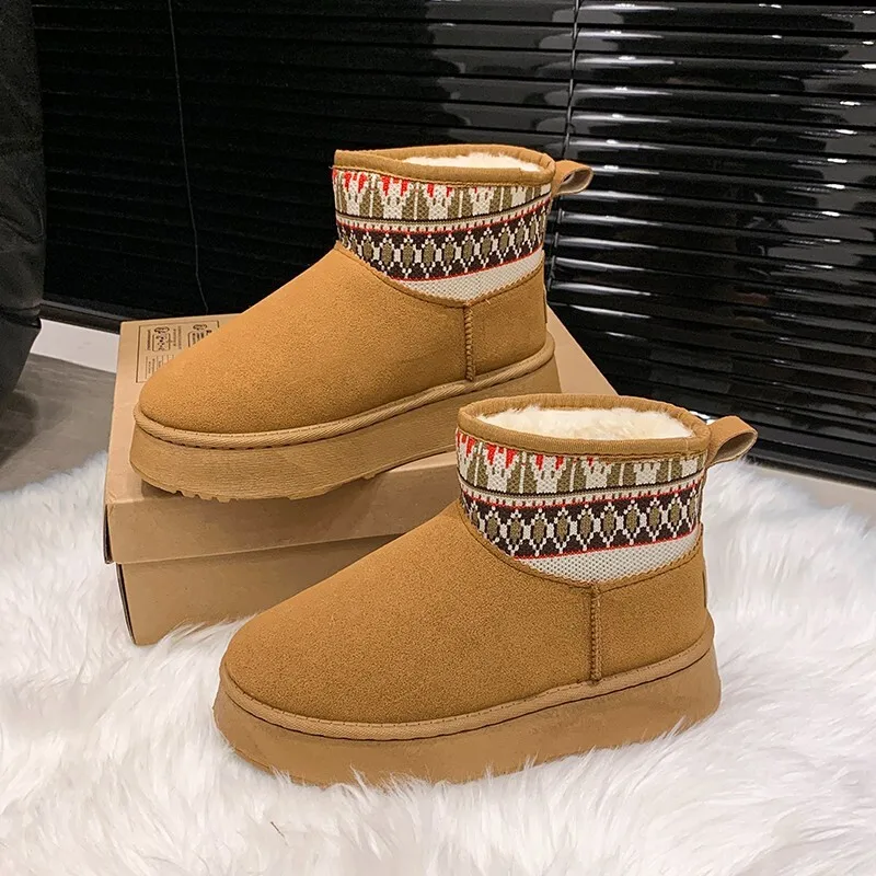 

Women Snow Boots For Warm Suede Leather Boots Winter Flats Platform Warm Short Plush Non-slip Casual Elegant Ethnic Style Boots