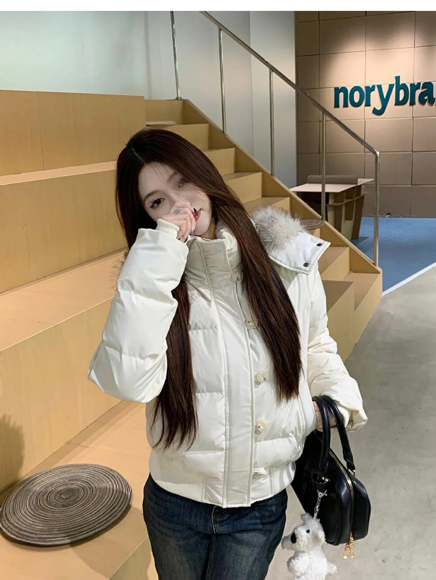 Korean Large Fur Collar Short Padded Jacket Women 2026 Winter New Thick Hooded Parkas Women Retro Zipper Button Puffer Jackets