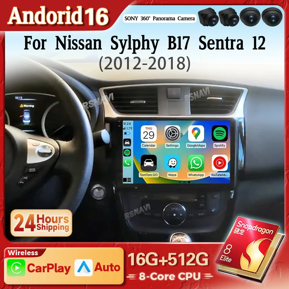 Radio Multimedia para Auto con Android 16, Carplay, Qualcomm Snapdragon, para Nissan Sylphy B17 Sentra 12 2012-2018, Autoradio BT