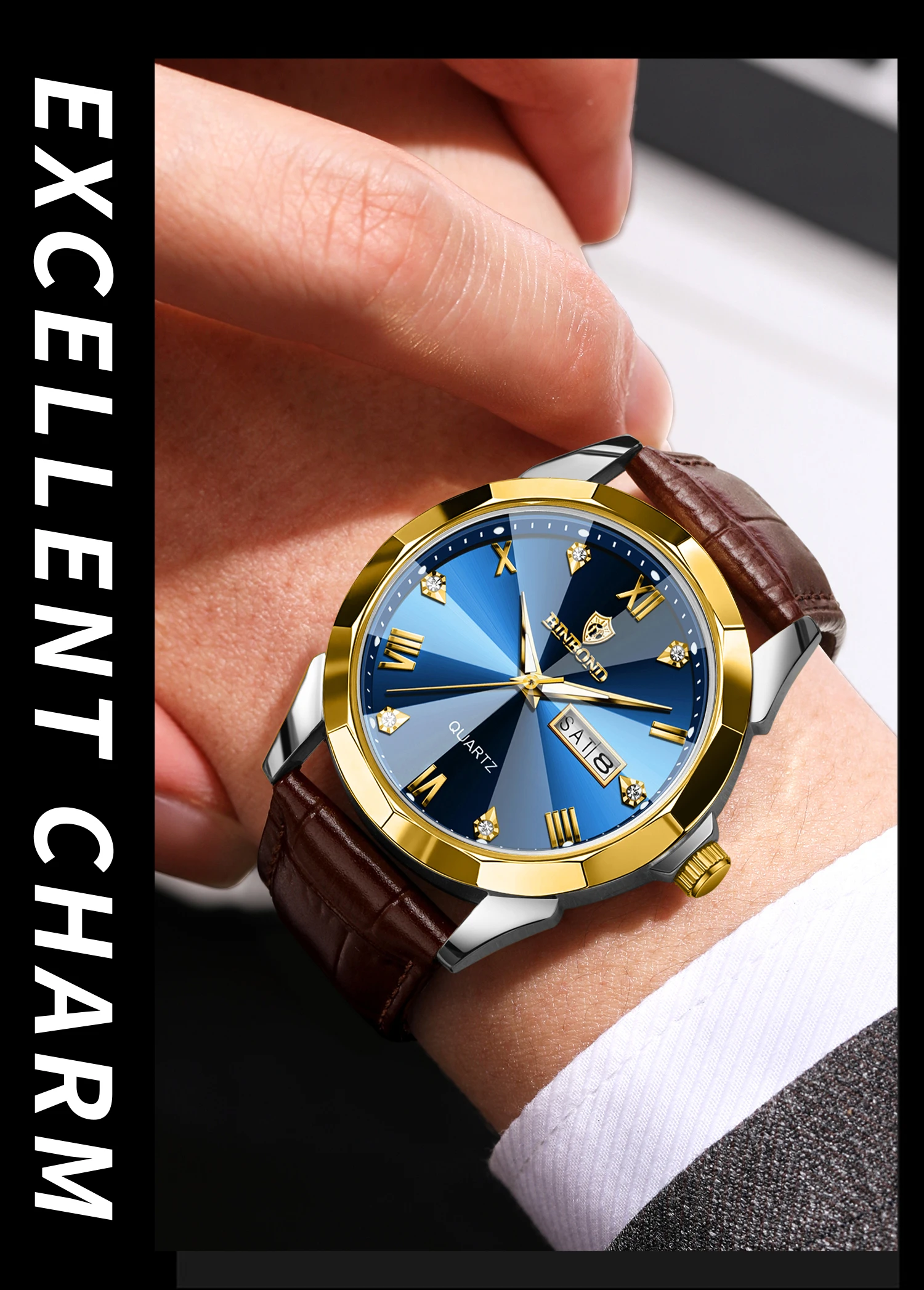 BINBOND Original Auto Date Week Display Men's Watch Reloj Hommes Leather Quartz Watches For Men Luxury Luminous Waterproof +Box