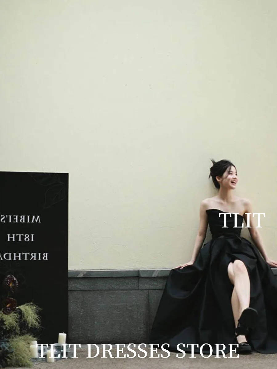 TLIT Simple Black Taffeta Evening Dress Strapless High Side Split Prom Gown Korea Wedding Dress Photo Shoot 이브닝 드레스 Customized