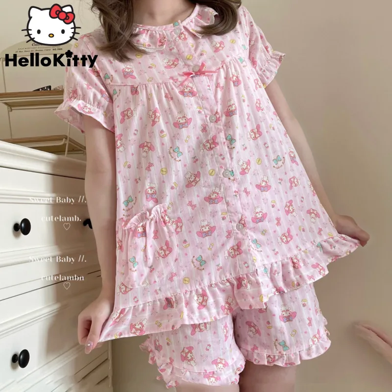 Sanrio My Melody Cute Pink Sweet Pajamas Suit Y2k Home Clothes 2 Piece Set Women Short Sleeve Top Shirt Shorts Summer Sleepwear