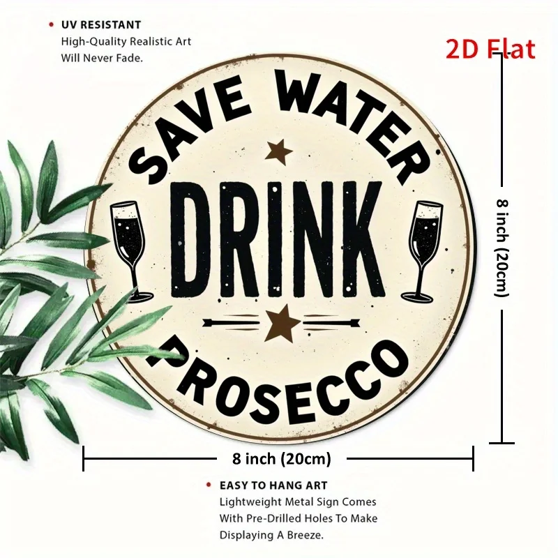 1pc Save Water Drink Prosecco Round Metal Sign - Vintage Rustic Wall Decor with Wine Glasses & Stars, Artistic Nature-Inspired D