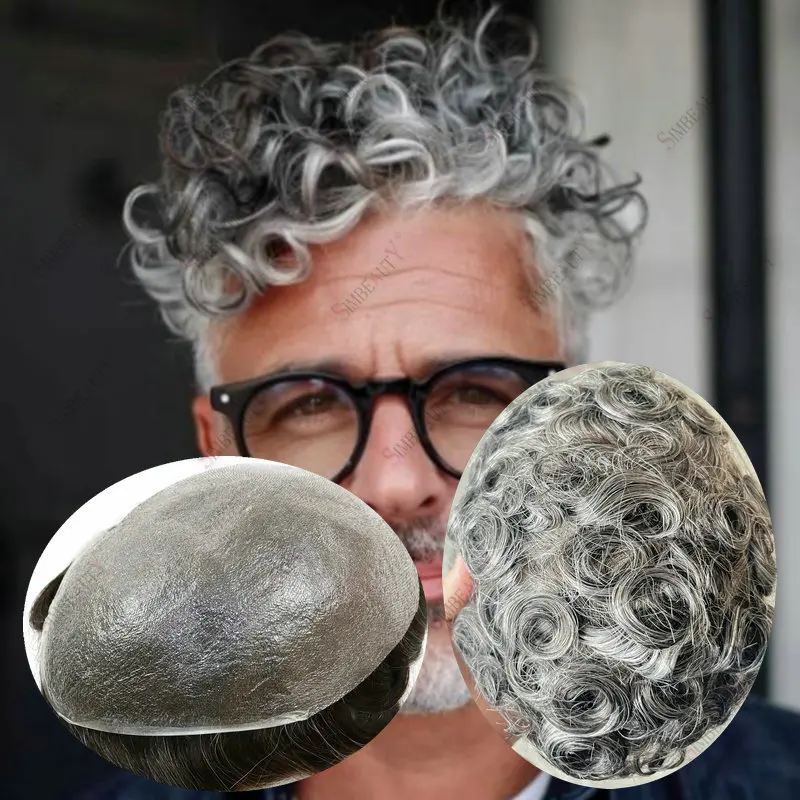 

0.02mm90Density25MM Curly Ultra-Thin Skin Base Men's Hair Replacement System Hairpiece Invisible Hairline Grey Black Human Hair