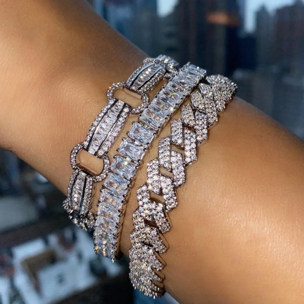 Women Hip Hop Iced Out Crystal Prong Cuban Chain Bracelets Woman Luxury Paved Rhinestone Link Chain Bracelet Punk Rapper Jewelry