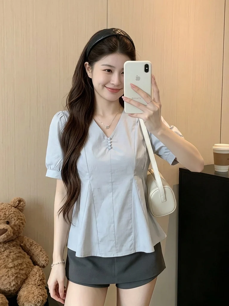 

Light Blue V-Neck Short Sleeve Shirt Women's Summer New Style plus Size Puffy Doll Top Waist-Cinching Korean Style Commute Wind