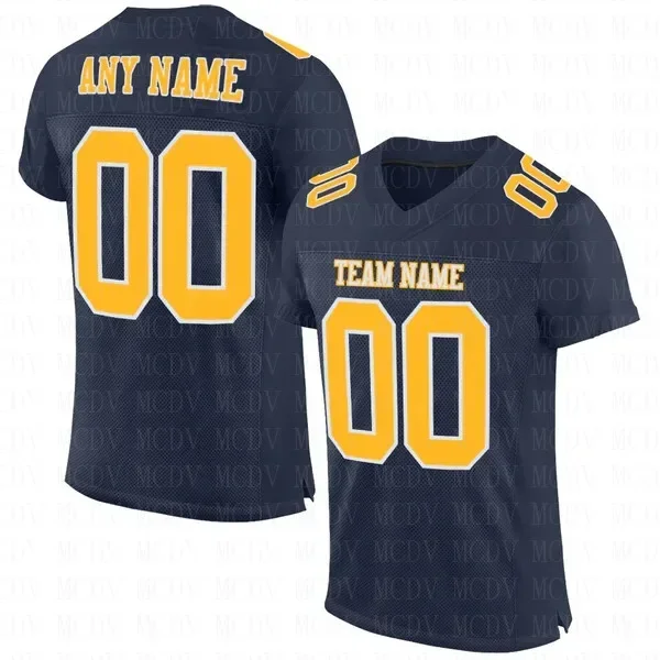 

Custom Navy Gold-White Mesh Authentic Football Jersey Short Sleeves Athletic Tee Shirts Unisex Top streetwear