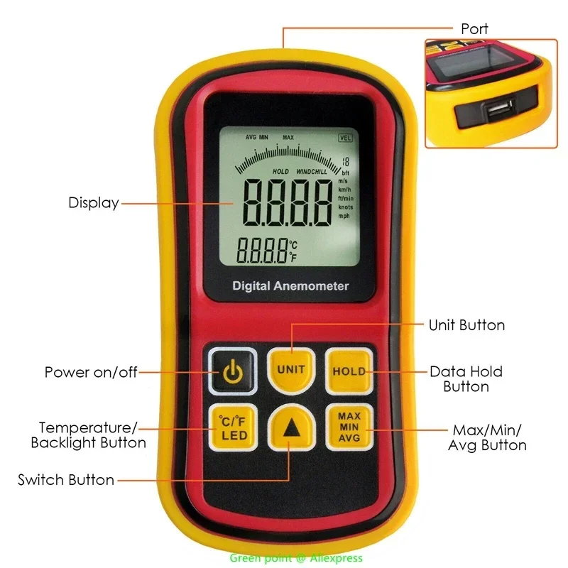 5PC ポータブル GM8901 ミニデジタル Lcd バックライトディスプレイ風速計 0-45M/S 風速計温度測定風速計センサー