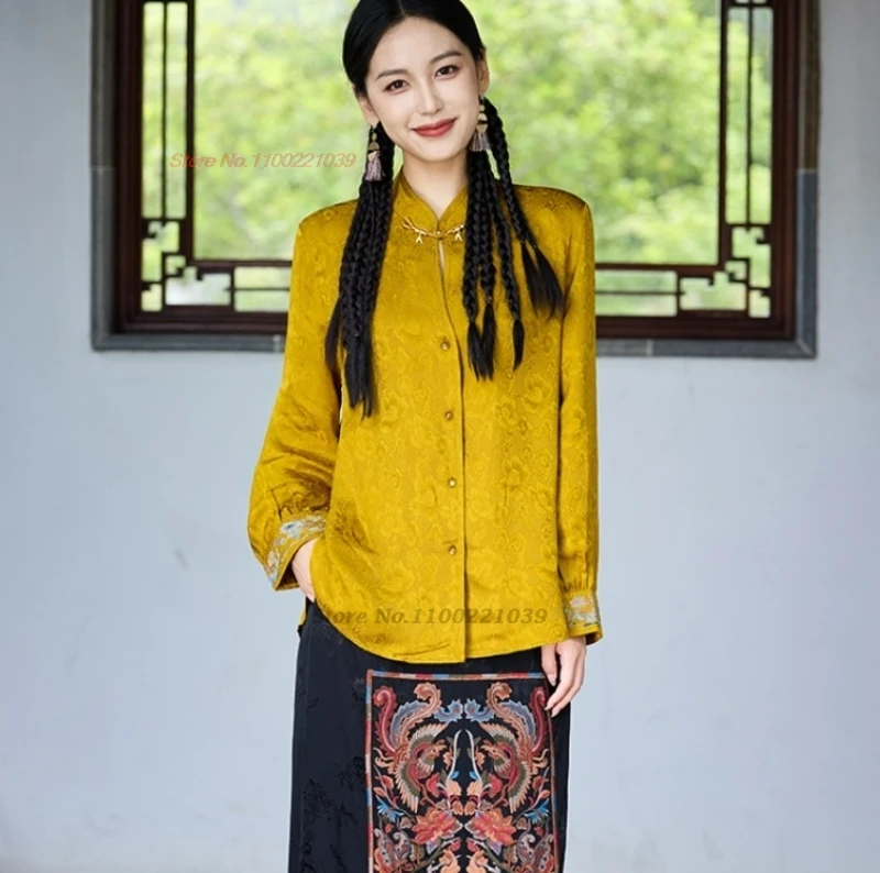 

2025 chinese vintage hanfu tops traditional flower embroidery satin jacquard blouse ethnic folk blouse oriental retro streetwear
