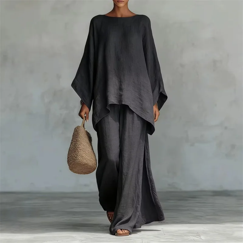 Loose Ramie Set For Women Large Size With Bat Sleeves V-neck Cotton Linen T-shirt Casual Lantern Pants Two-Piece Set For Summer