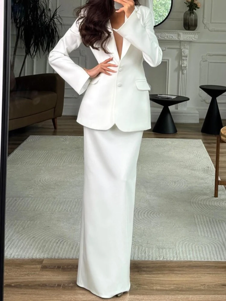 

FDYOUI офисный женский белый пиджак и юбки, одинаковые комплекты, женский элегантный однобортный костюм, длинное платье, комплект из 2 предметов, High Street