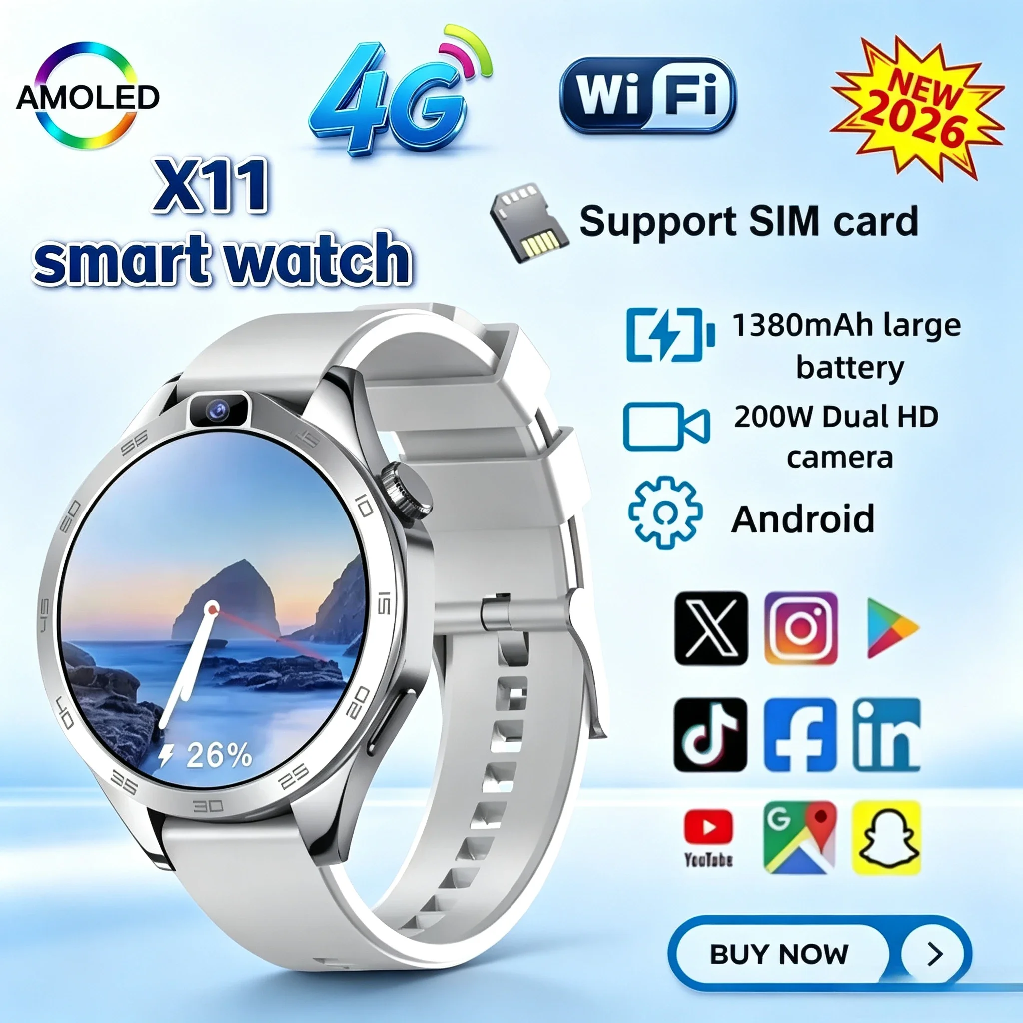 X11 New 4G Men Smartwatch SIM Card 32GB+256GB Android OS 1.85-inch 1380mah Battery Dual HD Cameras WIFI GPS Sports Smartwatch