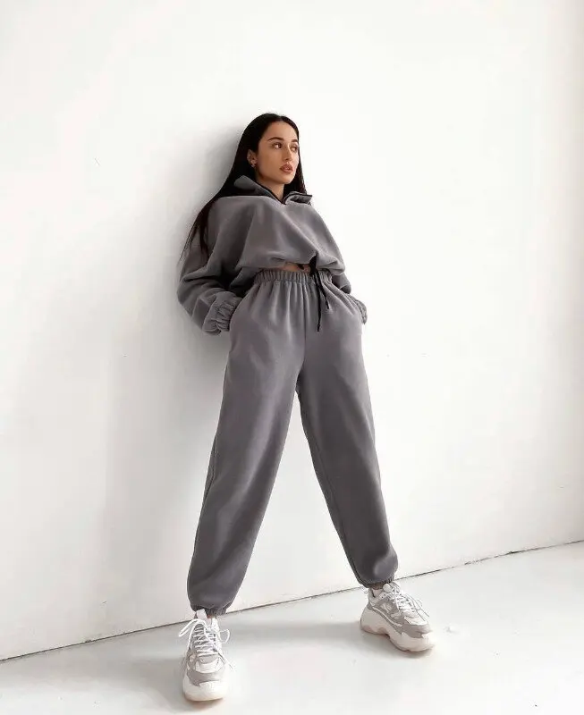 Women Fleece Suit Loose Long Sleeve Sweatshirt and High Waist Trousers 2 Pieces Set Female  Winter Fashion Warm Tracksuit