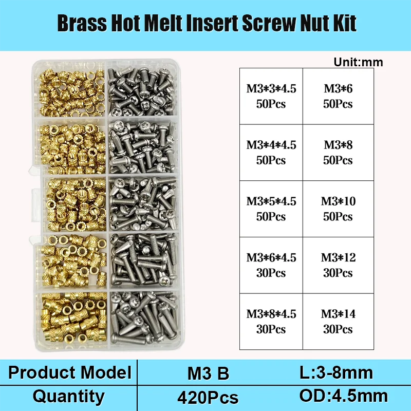 Messing-Einsatzmutter und Schrauben-Sortiment-Set, 260–500 Stück, M2, M3, M4, Hot-Melt-Einsatz, Rändelmutter, Injektions-Einbettungsmutter für 3D-Drucker – Detail 9