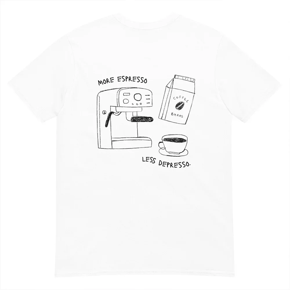 More Espresso Less Depresso Letter Print T-Shirt Aesthetic Coffee Lover Graphic Tees Unisex Short Sleeve Loose Cotton T Shirts