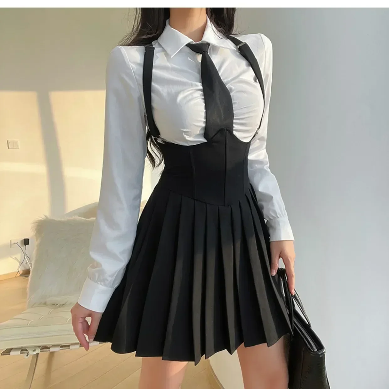 

Women Size 4XL Sexy JK Uniform Suit Slim American Sugar Spicy Girls College Style Uniform Set Shirt White + Strap Pleated Skirt