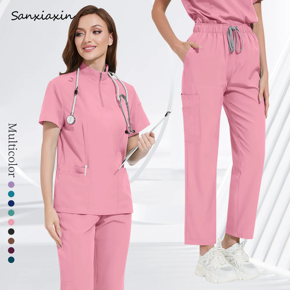 ジッパーネックスクラブユニフォーム女性医師作業服ストレッチ素材手術セットマルチカラートップスパンツセット無地ペット獣医作業セット