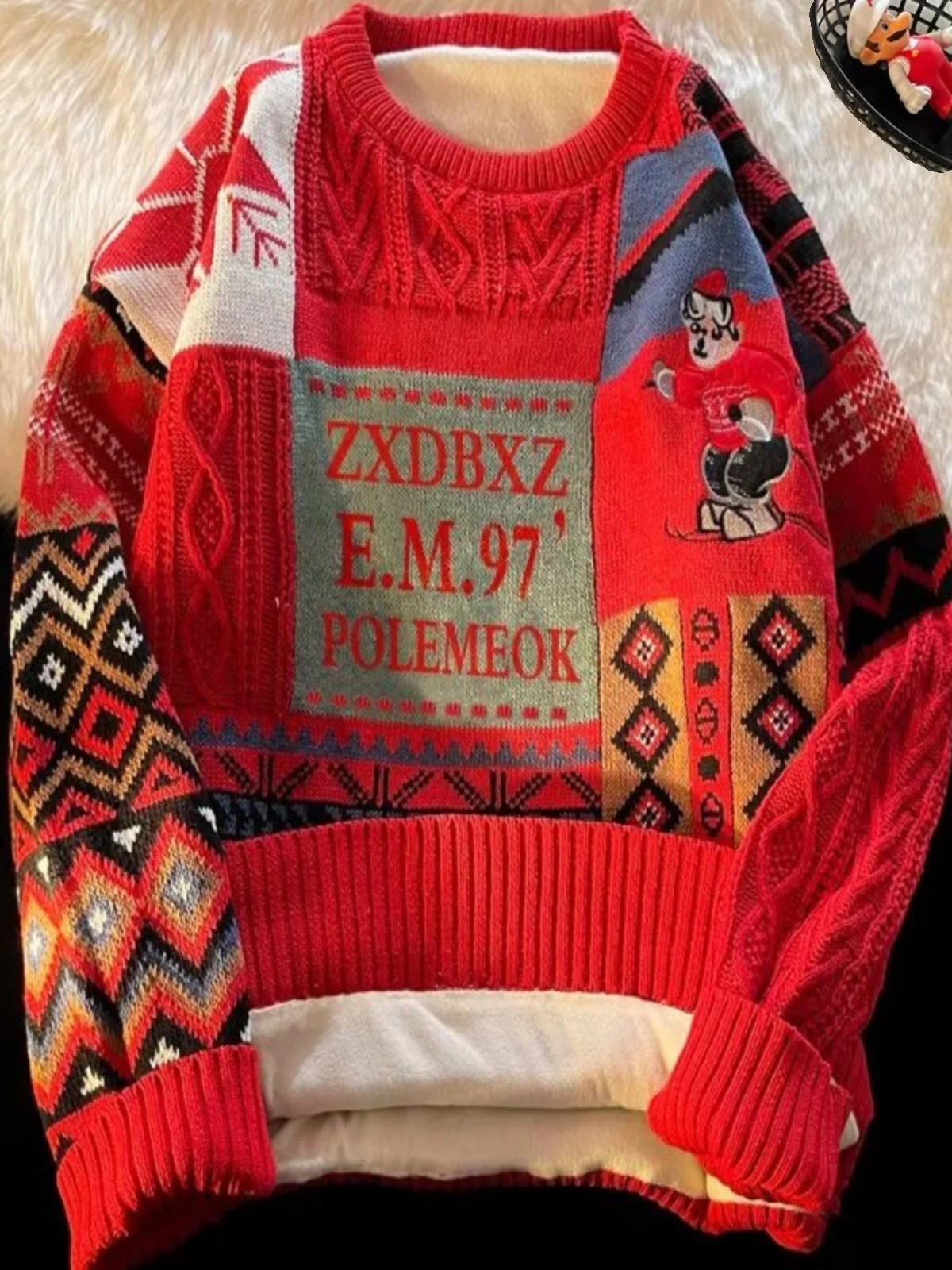 

Men's High Collar Fce Lined Thiened Wool Knitwear Winter Casual Wear Red Cisas Color Sweater Youth Sle round Ne