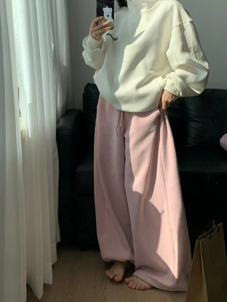 HOUZHOU Y2k Vintage Baggy Warm Sweatpants Pink Thick Korean Fashion Oversized Pants Harajuku Streetwear Trousers Winter Autumn