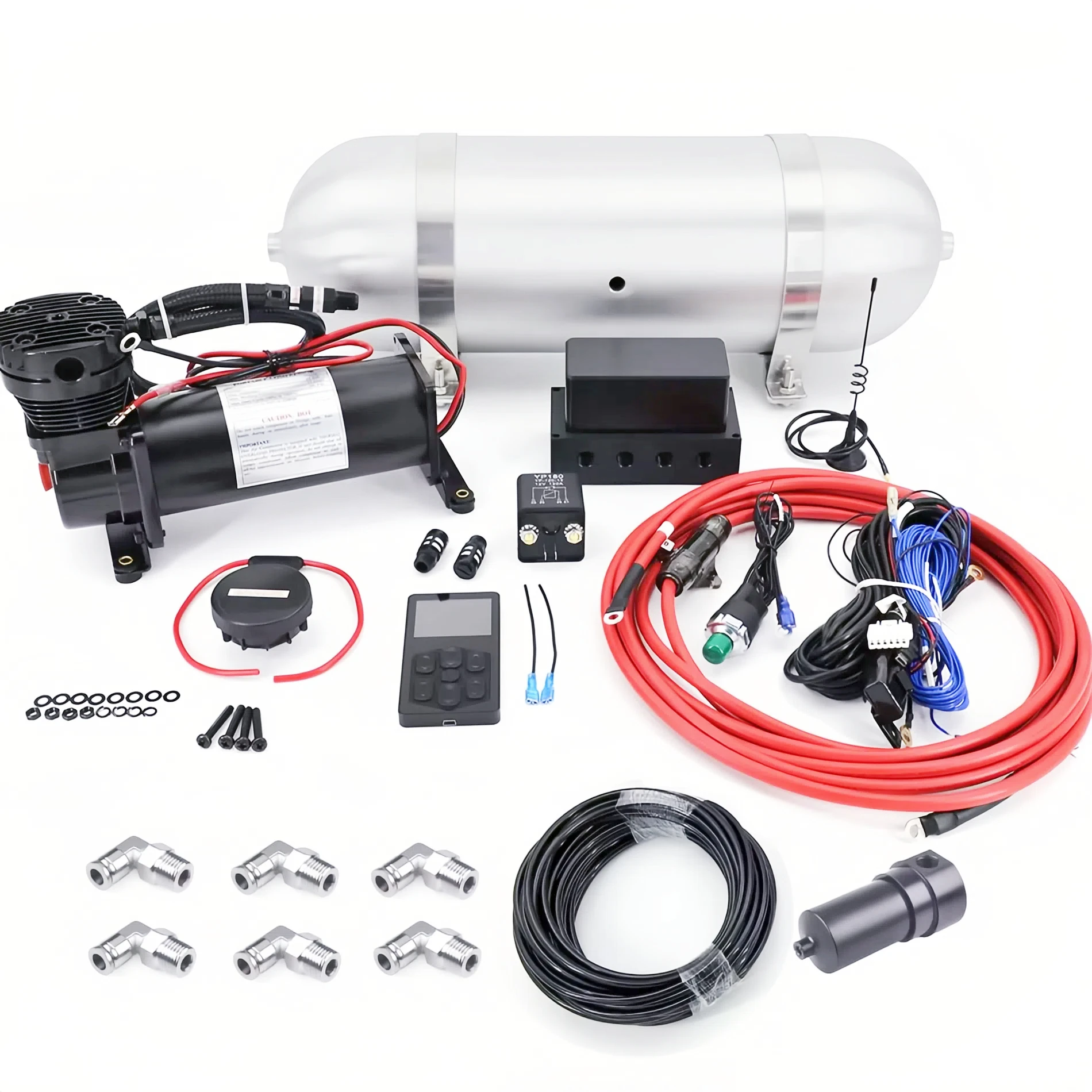 

1 комплект системы управления воздухом с 3-галонным алюминиевым контроллером компрессора воздушного бака и шланговыми фитингами, комплектом пневматической подвески